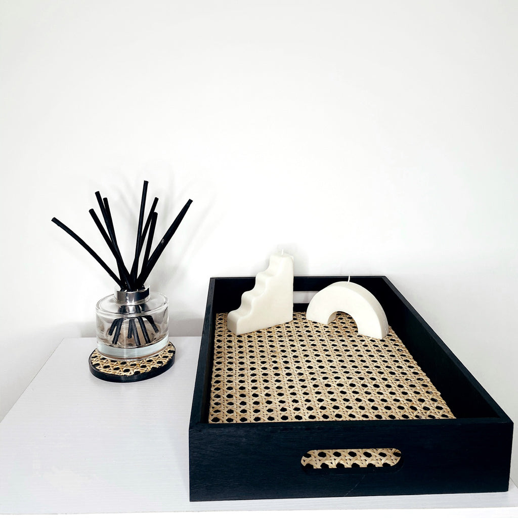 Wooden Matte Black/Ivory Rattan Vanity Tray